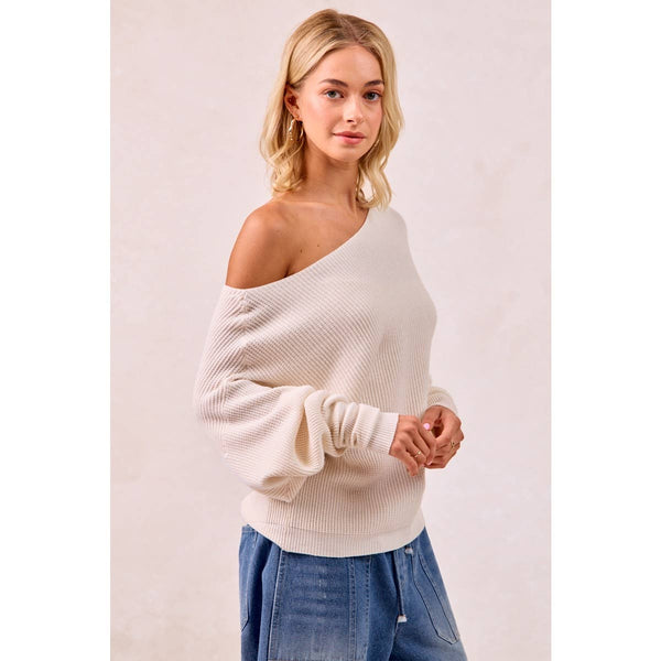 WAFFLE KNIT OFF SHOULDER TOP: IVORY / S - Lulu Bella Boutique