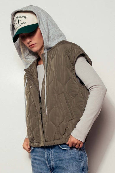 Quilted Western Hooded Vest : OLIVE