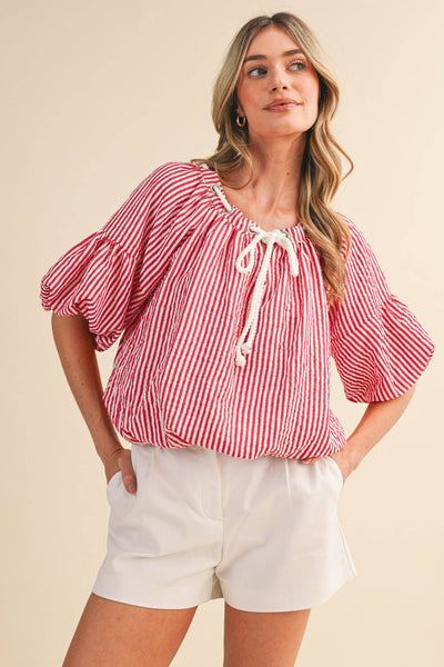 STRIPED BUBBLE TOP WITH GROMMET NECKLINE MTP4529: BERRY RED STRIPE / S - Lulu Bella Boutique