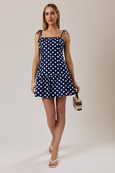 DROP WAIST BUTTON DETAIL POLKA DOT MINI DRESS: NAVY-WHITE DOT / S - Lulu Bella Boutique