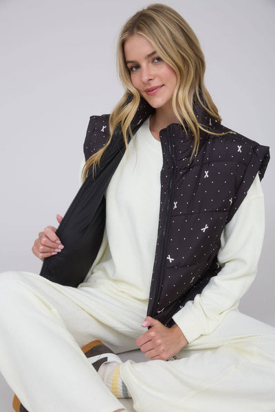 POLKA DOT BOW PATTERN ZIP-UP PUFFER VEST: BLACK - Lulu Bella Boutique