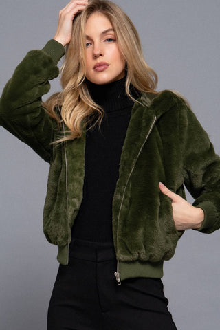 Fitted Faux Fur Zip Up Hoodie Jacket: Olive Green