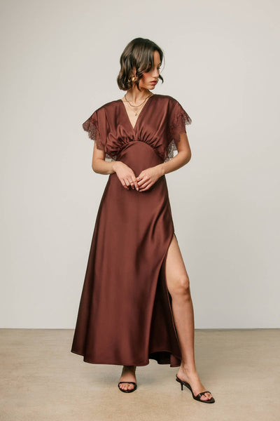 Lace Sleeve Satin Blouson Maxi Dress: RUM RAISIN