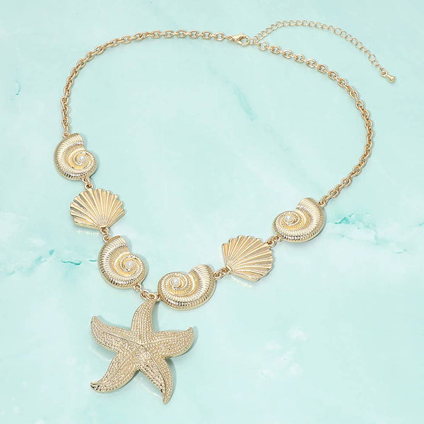 Textured Starfish Pendant Accent Pearl Center Shell Link Statement Necklace - Lulu Bella Boutique