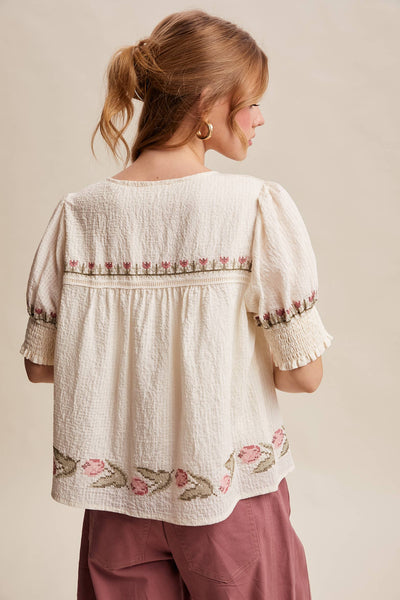 Embroidered Textured Puff-Sleeve Blouse LT1463: Off-White / Contemporary / S - Lulu Bella Boutique