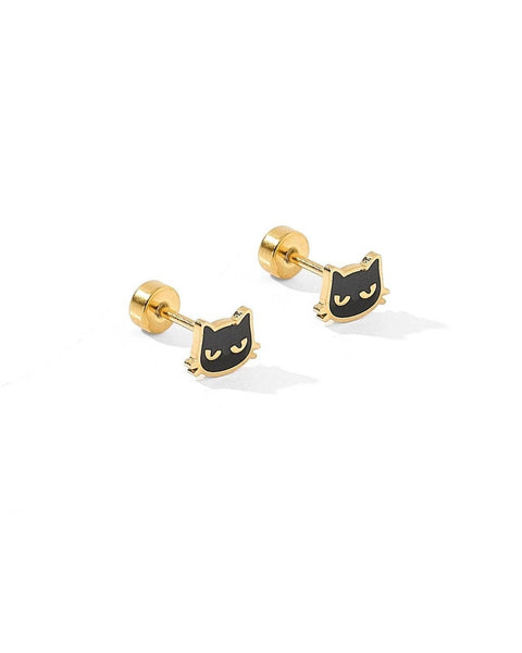Screwback Stud Earrings - Black Cat