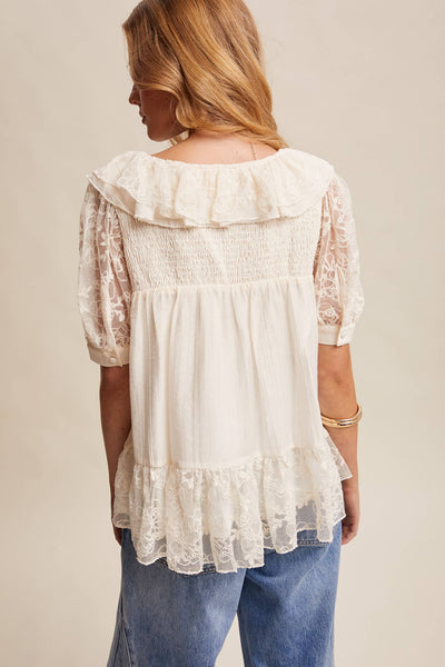 Lace Trim Ruffle Peplum Blouse LT1448: Cream / Contemporary / S - Lulu Bella Boutique