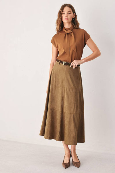 A faux suede midi circle skirt - FK1201: CAMEL / Contemporary / S - Lulu Bella Boutique