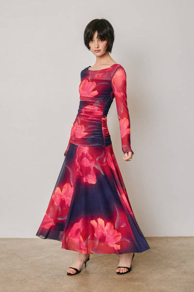 Floral Mesh Ruched Maxi Dress: PLUM ROSE