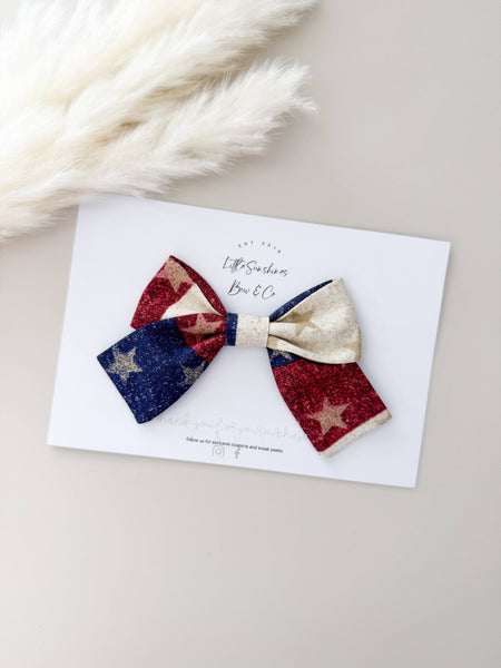 Glitter Red White & BlueStars 4th of July Pinwheel Hair Bow : Pigtail Set - Lulu Bella Boutique