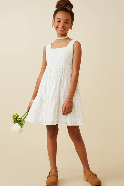 Girls Textured Square Neck Ruffle Tiered Dress: Off White / S - Lulu Bella Boutique