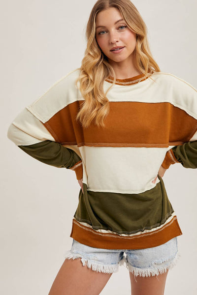 COLOR BLOCK KNIT SWEATSHIRT PULLOVER: CAMEL/OLIVE / L