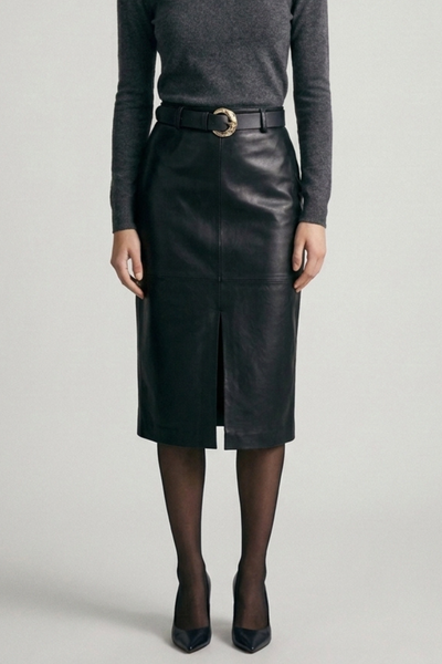 Midi Leather Skirt w/ Leather Belt: BLACK