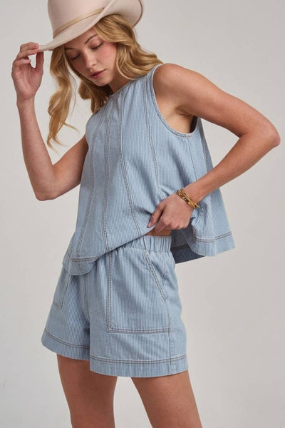 SLEEVELESS PIN STRIPE DENIM TOP AND MATCHING SHORTS SET: DENIM / S-M-L(2-2-2) - Lulu Bella Boutique