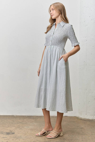 Gingham Smocked Bodice Button-Front Midi Dress: SAGE/IVORY - Lulu Bella Boutique