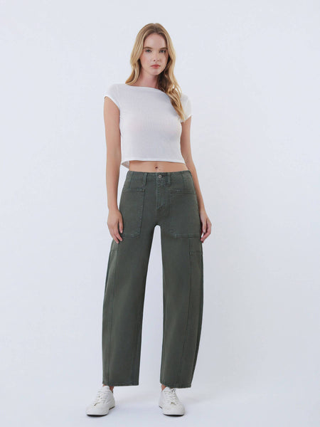 SUPER HIGH RISE ELASTIC WAISTBAND BARREL JEANS: DEEP FOREST - Lulu Bella Boutique