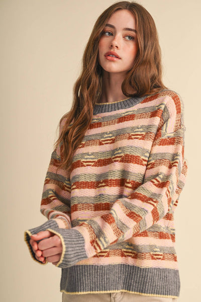 ABSTRACT GEOMETRIC KNIT PATTERN SWEATER: GREY PINK MULTI
