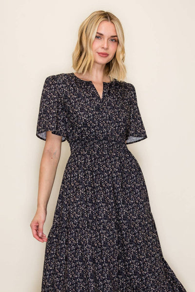 Ditsy Floral Flutter Sleeve Midi Dress: Navy / S - Lulu Bella Boutique