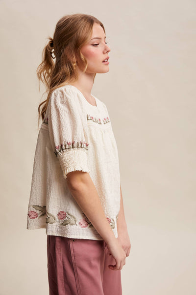 Embroidered Textured Puff-Sleeve Blouse LT1463: Off-White / Contemporary / S - Lulu Bella Boutique