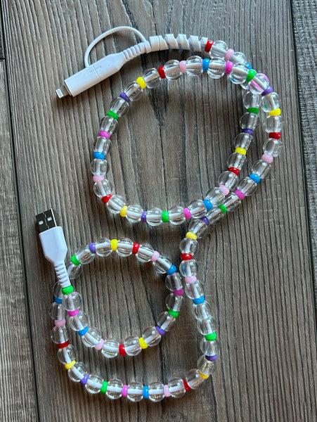 Beaded Phone Charger with Lightning & USB-C Cable: Rainbow
