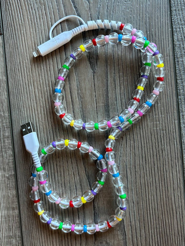 Beaded Phone Charger with Lightning & USB-C Cable: Clear Rainbow - Lulu Bella Boutique
