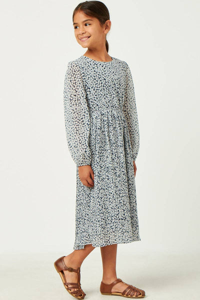 Girls Long Sleeve Ditsy Floral Pleated Skirt Dress: Navy