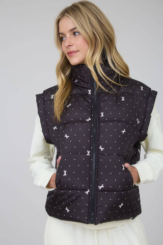 POLKA DOT BOW PATTERN ZIP-UP PUFFER VEST: BLACK - Lulu Bella Boutique