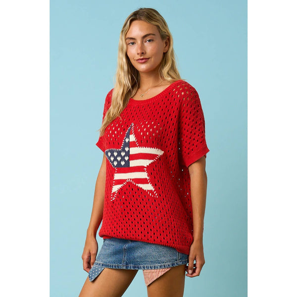 USA STAR PATCH OPEN KNIT SHORT SLEEVE SWEATER TOP: RED / S-M-L(2-2-2) - Lulu Bella Boutique