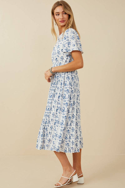 Womens Ditsy Floral Pleated Skirt Dress: Blue - Lulu Bella Boutique