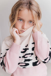 Kids Pink Cream Leopard Crew Neck Fall Winter Sweater: 10/12