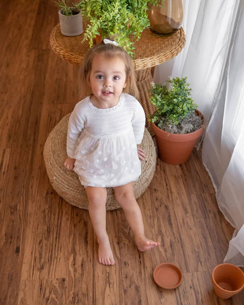 Milan White Floral Embroidered Tutu Knit Baby Dress Organic: Pure White