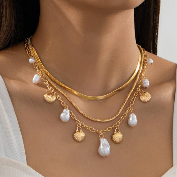 THREE PIECE LAYERED SHELL AND PEARL CHARM NECKLACE: GOLD / 1 SIZE - Lulu Bella Boutique