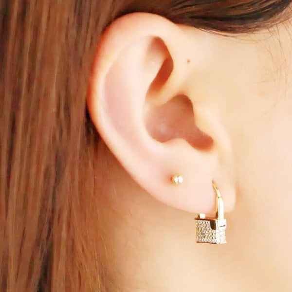 CZ Lock Huggies Earrings