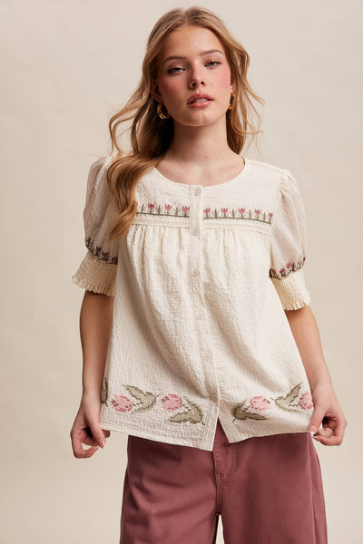 Embroidered Textured Puff-Sleeve Blouse LT1463: Off-White / Contemporary / S - Lulu Bella Boutique