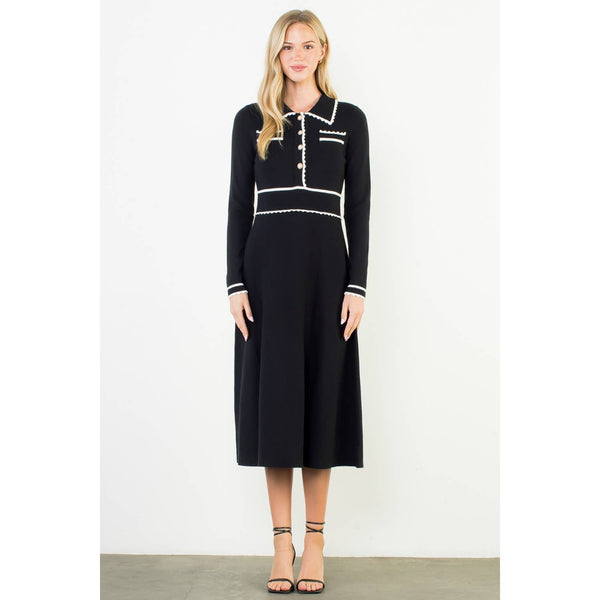 Long Sleeve Collared Knit Dress: BLACK