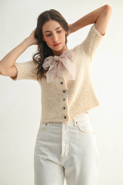 KNIT CARDIGAN WITH CHIFFON BOW - SAND