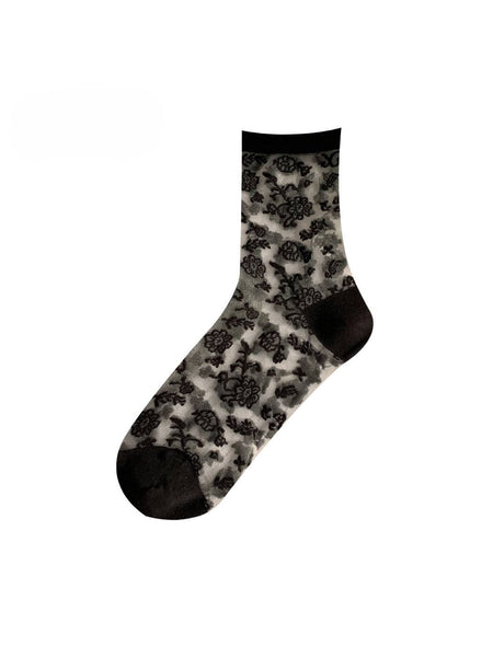 Elegant Bloom Sheer Lace Socks: Khaki