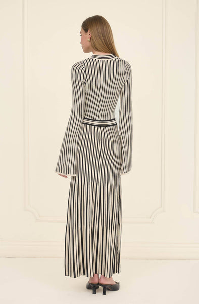 STRIPE LONG SLEEVE SWEATER PLEATED MIDI DRESS: BLACK IVORY - Lulu Bella Boutique
