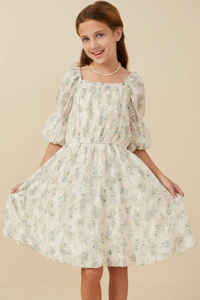 Girls Floral Printed Mesh Puff Sleeve Dress: Cream