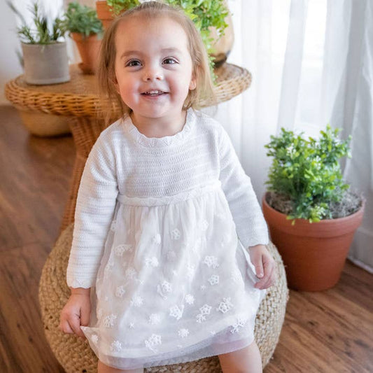 Milan White Floral Embroidered Tutu Knit Baby Dress Organic: Pure White