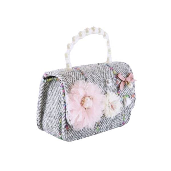 B1305 Floral Appliques Tweed Purse (3 Colors): Beige