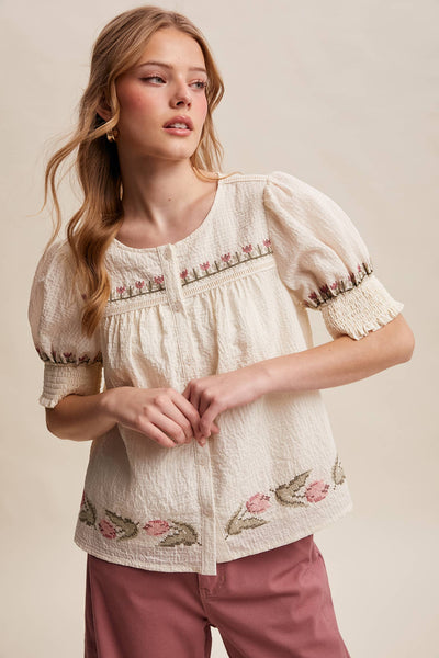 Embroidered Textured Puff-Sleeve Blouse LT1463: Off-White / Contemporary / S - Lulu Bella Boutique