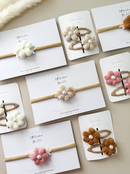 Knit Pearl Flower Hair Clips & Headbands: Cream / Pigtail Set - Lulu Bella Boutique