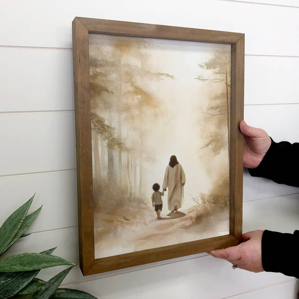 Jesus Walking with Dark Haired Boy - Jesus Canvas Art : 18x24" Large Canvas Art with Thick Wood Frame - Lulu Bella Boutique
