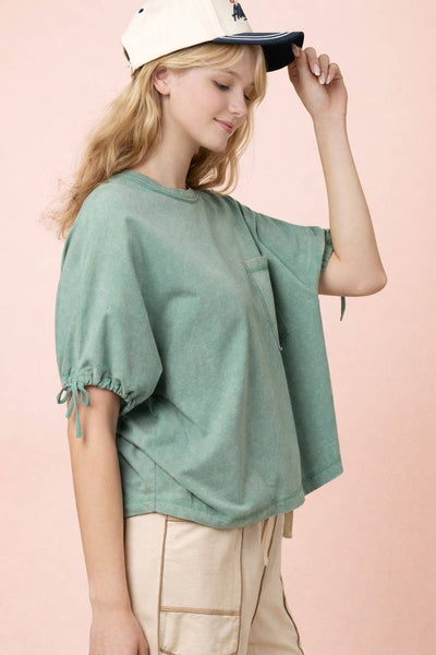 NT12567-Mineral Washed Sleeve Tie Detail Knit Top: SAGE / S-M-L/2-2-2 - Lulu Bella Boutique