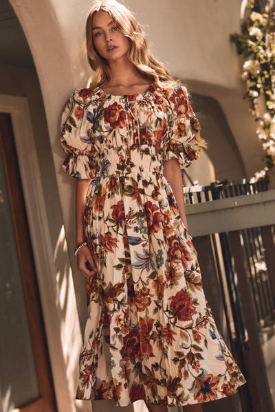 Floral Printed Smocked Waist Midi Dress: IVORY MULTI / S - Lulu Bella Boutique