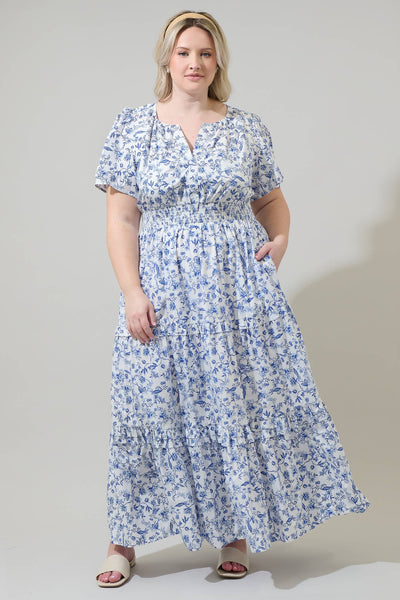 Kearny Floral Palmer Poplin Tiered Maxi Dress Curve: WHT-BLUES-MULT / 3X - Lulu Bella Boutique
