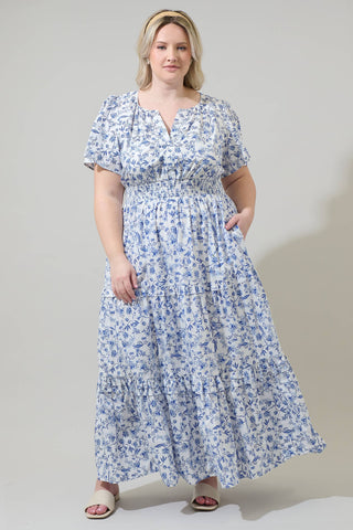 Kearny Floral Palmer Poplin Tiered Maxi Dress Curve: WHT-BLUES-MULT / 3X - Lulu Bella Boutique