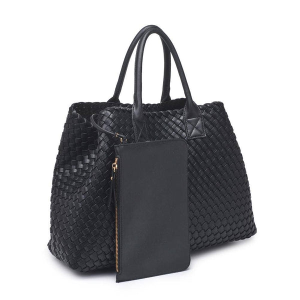 Ithaca Woven Vegan Leather Tote: Black - Lulu Bella Boutique