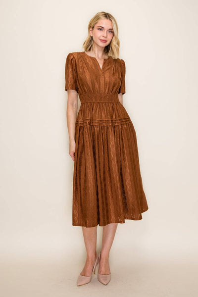 Smocked Waist Tiered Midi Dress: Brown